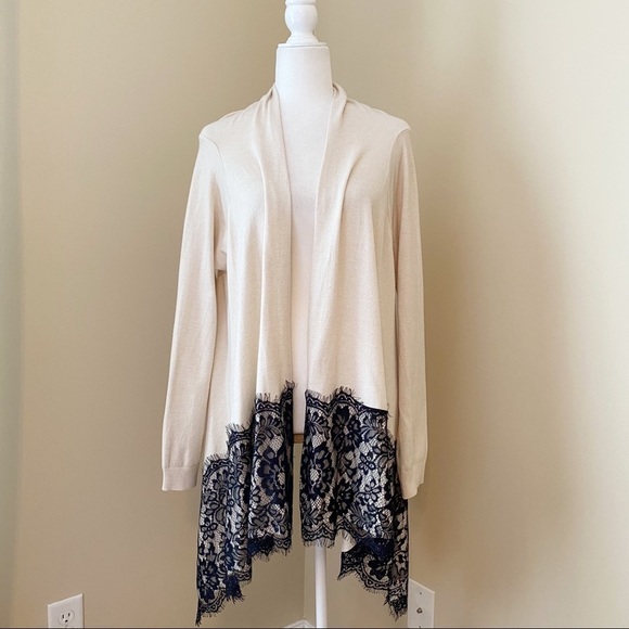 Sioni Lace Trim Ivory/Black Open Front Cardigan -S - Picture 1 of 11